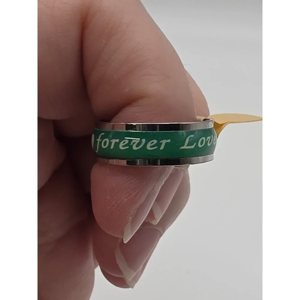 Lovely Ring Band Green Blue Forever Love And Hearts - Size 9